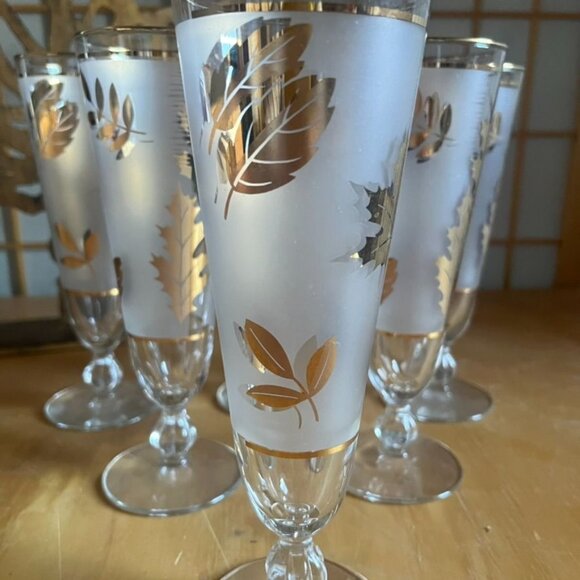 Set Of 6 Libbey Vintage Golden Foliage Pilsner Glasses Frosted Gold Leaf USA - Picture 3 of 7